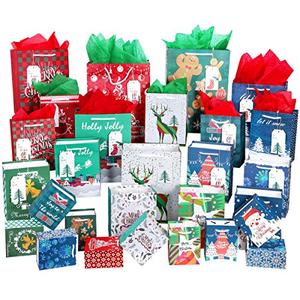 Christmas Gift Bags 9 PCS,Durable Christmas Bags with Tissue Paper, 6 Styles Gift Bags Bulk with Handles, Reusable Small Gift Bags Xmas Paper Bags,Party Favors Holiday Gift Bags,4 Different