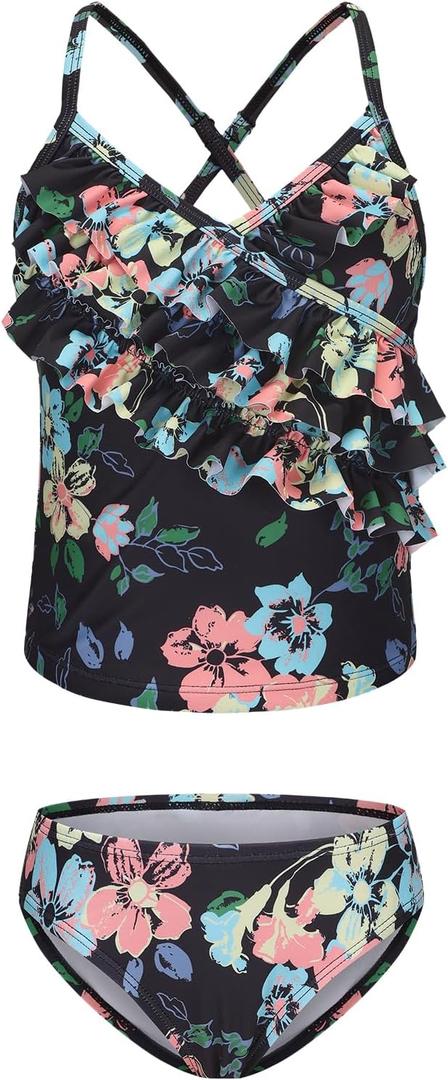 Big Girls Tankini Swimsuits Two Piece Bathing Suit Hawaiian Tie Dye Swimwear Set for Girls Black Florals Size 10/8-10 Years