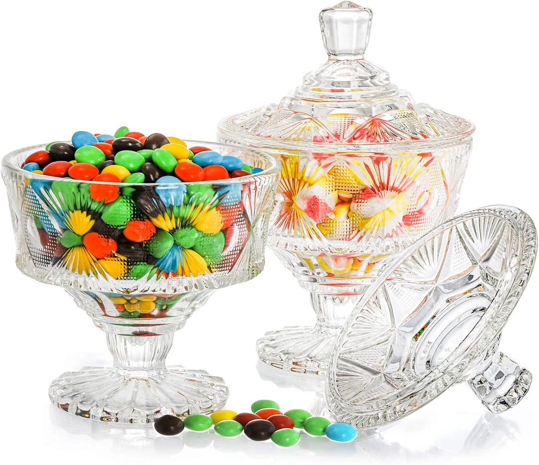 Frcctre 2 Pack Glass Candy Dish with Lid, 15 Oz Crystal Candy Bowl Cookie Jar Decorative Apothecary Jar for Party, Candies Buffet, Wedding, Christmas, Home 
