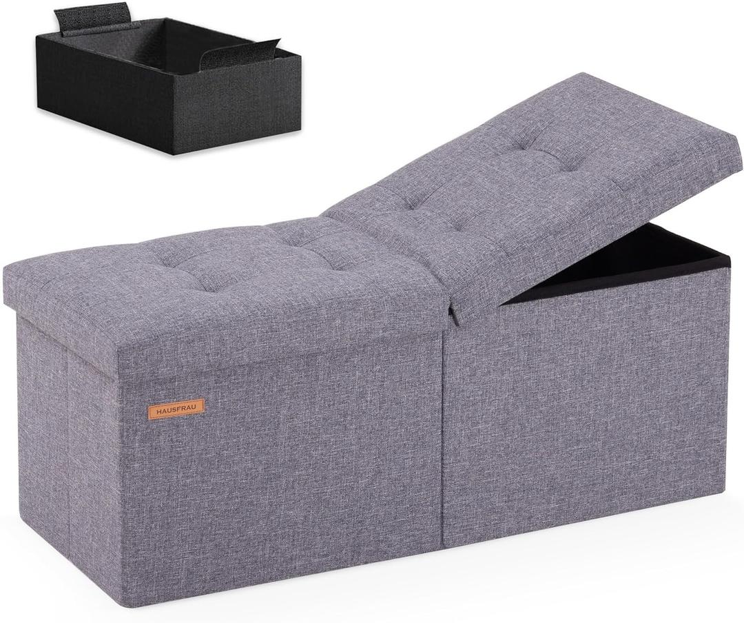 HAUSFRAU 31.5 Inches Ottoman with Storage, Folding Ottoman Bench Small Foot Rest Stool, Bedroom Bench with Flipping Lid, Linen Grey