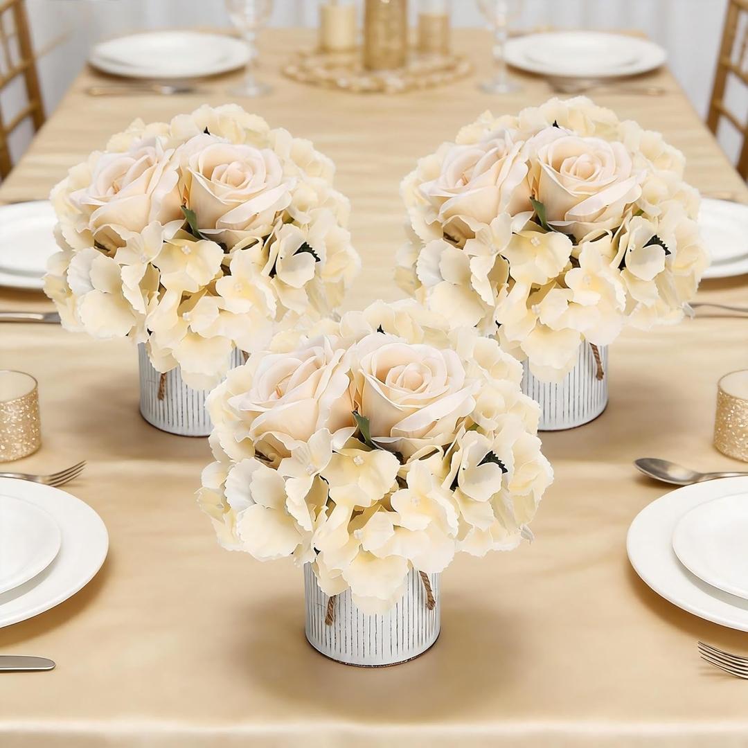 DIYDOFUN Flower Table Centerpieces  Set of 6 Floral Arrangement Artificial Wedding Hydrangeas Floral Arrangement with Rustic Metal Vase for Bridal Tea Party Event Decorations  Champagne