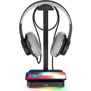 KAFRI RGB Headphone Stand with Wireless Charger Desk Gaming Headset Holder Hanger Rack with 10W/7.5W Fast Charge QI Wireless Charging Pad - Suitable for Gamer Desktop Table Game Earphone Accessories