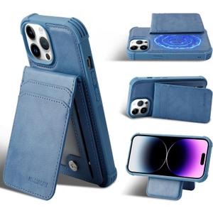 MONASAY Magsafe Wallet Case Compatible for iPhone 13 Pro 6.1 inch, [Supports Wireless Charging] [Screen Protector] Magnetic Leather Phone Cover with Detachable RFID Blocking Card Holder, Light Blue