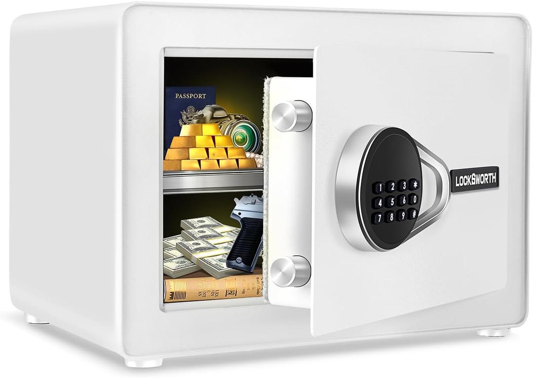 Safe for Home, 1.0 Cubic Feet Small Safe with Removable Shelf, Alarm System, Digital Electronic Security Money Box for Cash, Document, Home, Office, Hotel Use, White, 9.84"D x 13.78"W x 9.84"H
