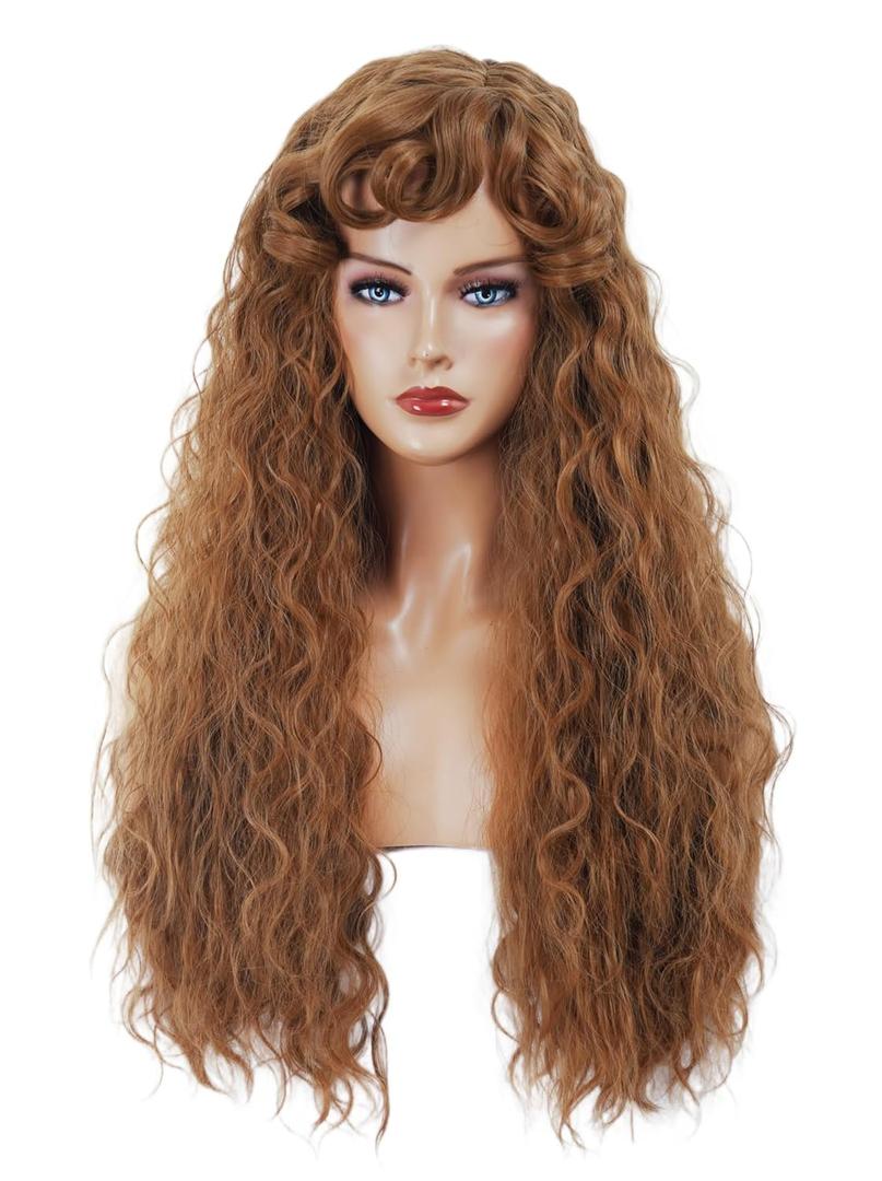 Long Brown Wig for Women Retro Curly Wig with bangs Brown Vintage Wig for Halloween, Daily Use