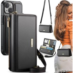 CaseMe 2-in-1 Detachable for iPhone 13 Crossbody Wallet Case with RFID Blocking 10-Card Holder for Woman, PU Leather Wrist Strap Zipper Handbag Purse Wallet Phone Case for iPhone 13 6.1", Black