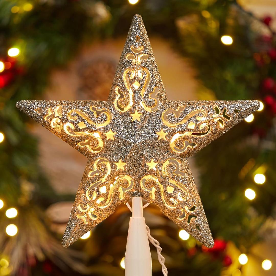 8 Christmas Star Tree Topper Silver Glittered Hollow 3D Christmas Tree Star Topper Built in 10 Bulbs String Lights Treetop Plug in (4 Bulbs 2 Fuses Spare) for Holiday Decor Tree Decorations