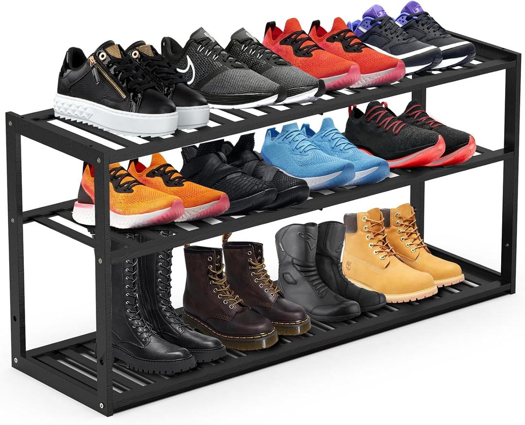 Bamboo Shoe Rack for Closet, Stackable 3 Tier Longer Shoe Organizer Shelf Holder Storage 12-15 Pairs for Entryway Door Hallway Bedroom Garage Space Saving Foldable Black (3-tier-long/32.5*10.5*17in)