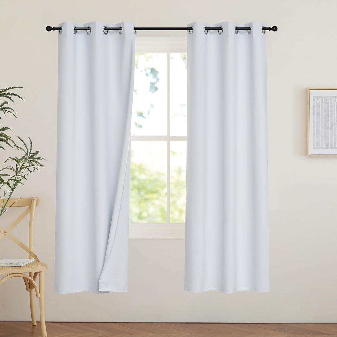 PONY DANCE White 100% Black Out Curtains 63 inch Length, Thermal Insulated Window Treatment Blackout Drapes for Bedroom, Room Darkening Noise Reducing Curtains for Living Room(2 Panels, 34 inches Wide)