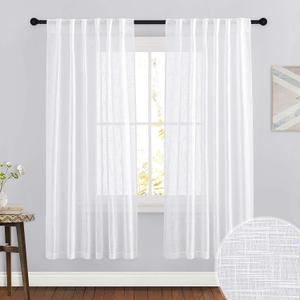 RYB HOME Linen Curtains Sheer - Half Privacy White Semi Sheer Drapes Light Airy for Bedroom Living Room Wedding Ceremony Study Office, 52 x 72 inch Long, 2 Panels