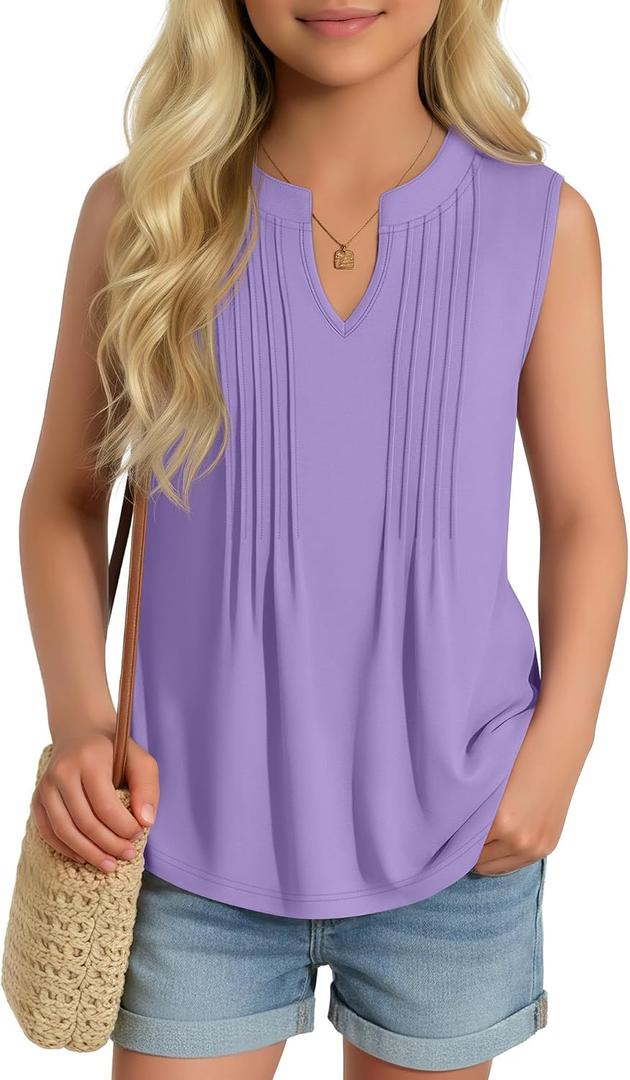 Ficerd Girl's Tank Tops V Neck Sleeveless Summer Shirts Kids Pleated Loose Blouse Dressy Casual Curved Hem Tees 5-14 Years (Purple)