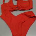 geluboao Bikini Set for Women Solid V Neck Knot Front Push Up High Leg Thong Two Piece Swimsuit (Small, Red)