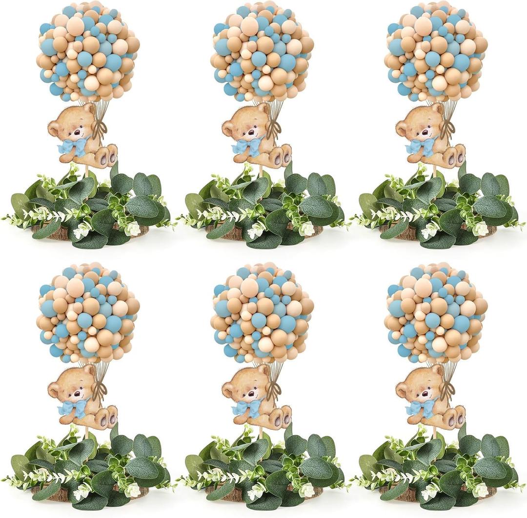 6 Set Baby Shower Bear Table Centerpieces Decortion Blue Bear with Eucalyptus Wreath Wood Slices Welcome Baby Table Toppers for Gender Reveal It's A Boy Party Favors