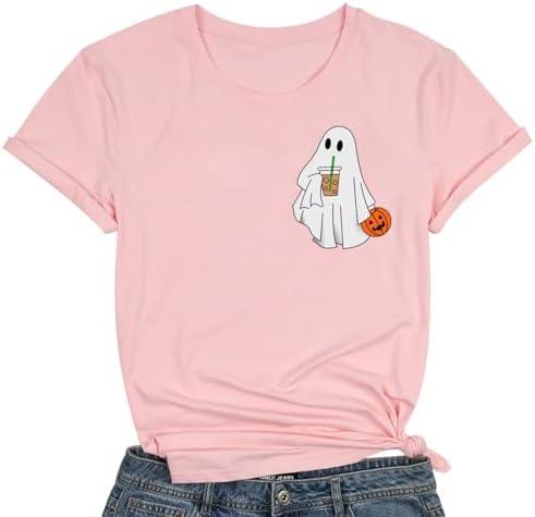 Ghost Drinking Coffee Halloween Shirt Women Fall Pumpkin Tshirt Coffee Lover Tee Casual Halloween Party Tee Tops L