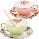 Lyellfe Set of 2 Tea Cup and Saucers, 8 Oz Floral Tea Cups with Gold Trim and Spoon, Porcelain British Coffee Cups, Cappuccino Espresso Latte Cup Mugs for Party Birthday Wedding Gifts (Pink+Green)