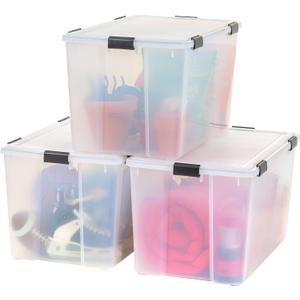 IRIS USA WeatherPro 156 Qt Storage Bins with Lids, 3 Pack, BPA-Free Plastic Gasket Box with Tight Latch and Seal, Stackable Nestable Tote Tub - Clear/Black