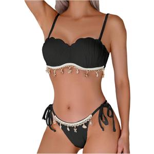 MakeMeChic Women's Bikini Set Textured Scallop Trim Shell Tie Back Bathing Suits (X-Large, Black)