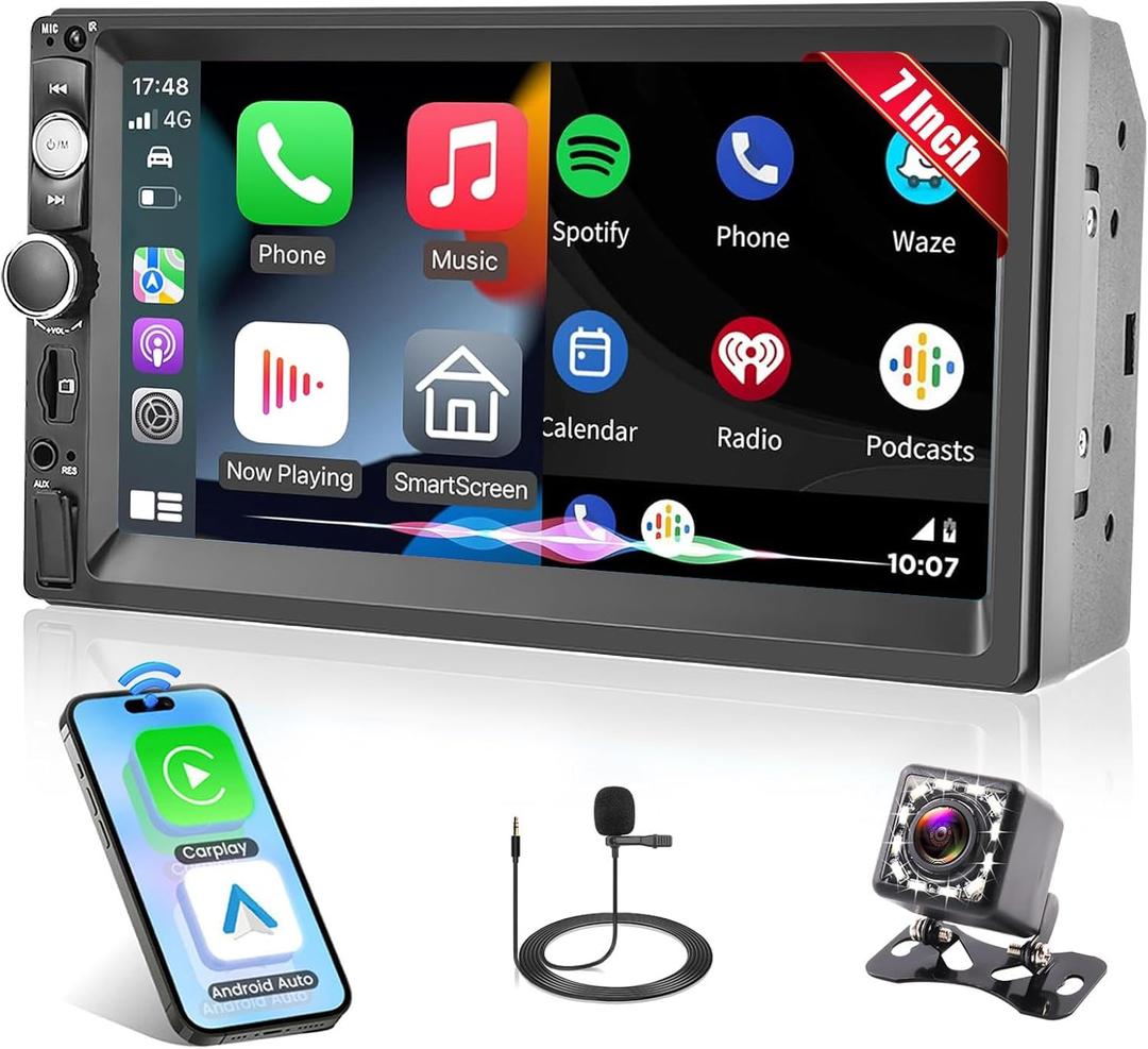 7" Wireless Double Din Car Stereo Apple Carplay Radio Screen for Car Audio Receivers, Bluetooth 5.1 Car Play Android Auto Touchscreen Backup Camera USB/AUX/TF SWC FM