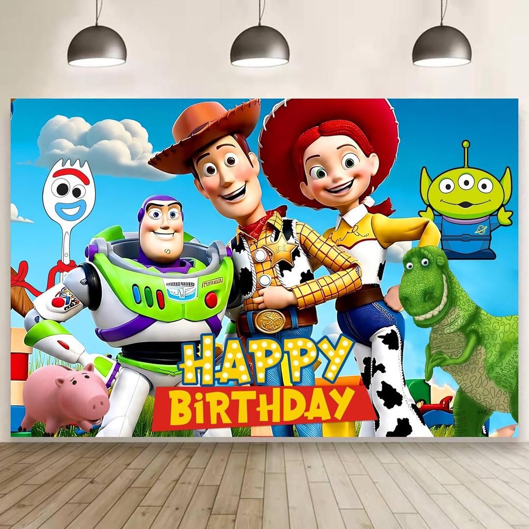 W-J Happy Birthday Backdrop Cartoon for Toy Inspired Story Birthday Party Supplies Kawaii Background for Boys Girls,Happy Birthday Banner Backdrop for Kids Party Decorations(5x3ft).