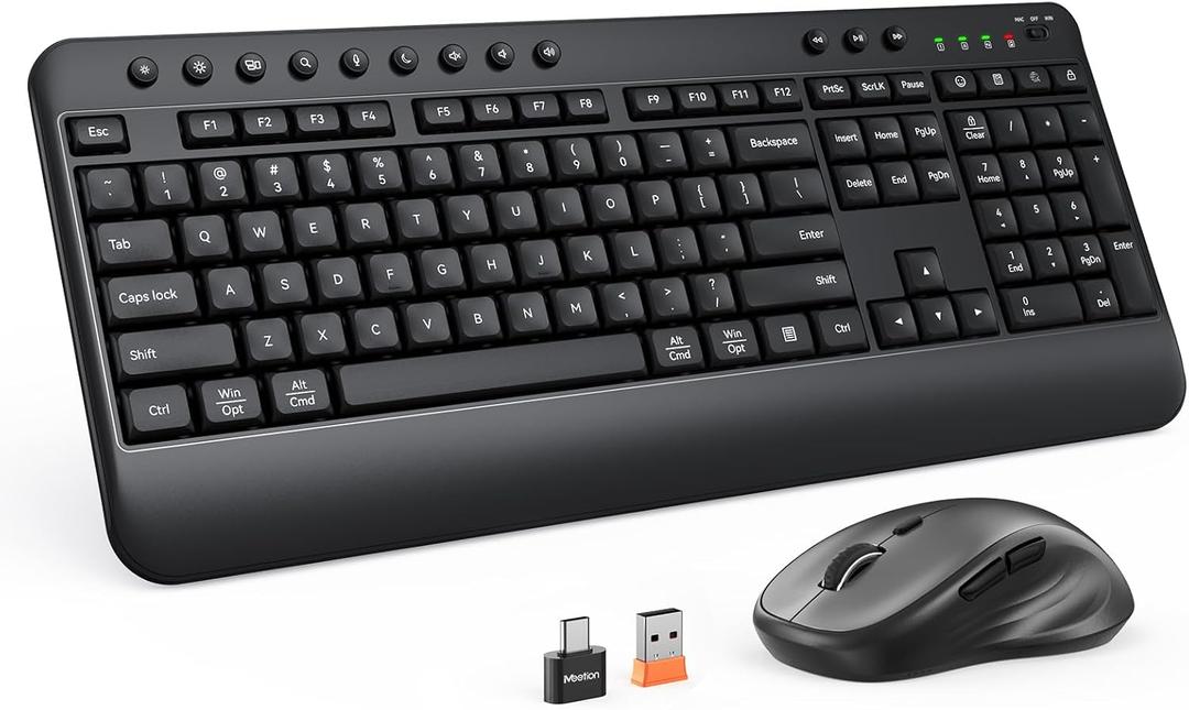 Wireless Keyboard and Mouse Combo, Computer Keyboard with Wrist Rest, Multimedia Hotkeys 2.4G Wireless, Full Size, Ergonomic, USB-A Receiver, 3200 DPI Mouse, for Windows/Mac/Laptop/PC, Black