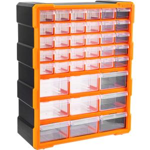 Amazon Basics Wall Mount Hardware and Craft Storage Cabinet Organizer with 39 Drawers, Plastic Garage Organization System with Dividers for Small Parts, Black, Orange, 15" x 6.3" x 18.6"