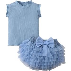 SUNNY PIGGY Newborn Baby Girl Clothes Toddler Ruffle Romper Top Infant Skirt Set (Blue)
