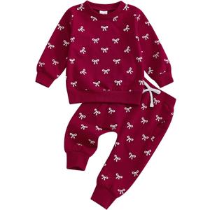 Afunbaby Spring Baby Girl Clothes Toddler Girl Outfit Crewneck Sweatshirt Long Sleeve Shirt Pants Winter Clothing Set (Red)