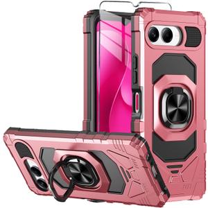 for T-Mobile REVVL 8 Phone Case with Tempered Glass Screen Protector,Military Grade Heavy Duty Shockproof Protective Cover,with Ring Kickstand (Rose Gold)