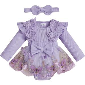Baby Girl Romper Dress Lace Flowers Baby Dress Romper Infant Fall Winter Festival Clothes with Bow Headband (3-6 Months, Purple)
