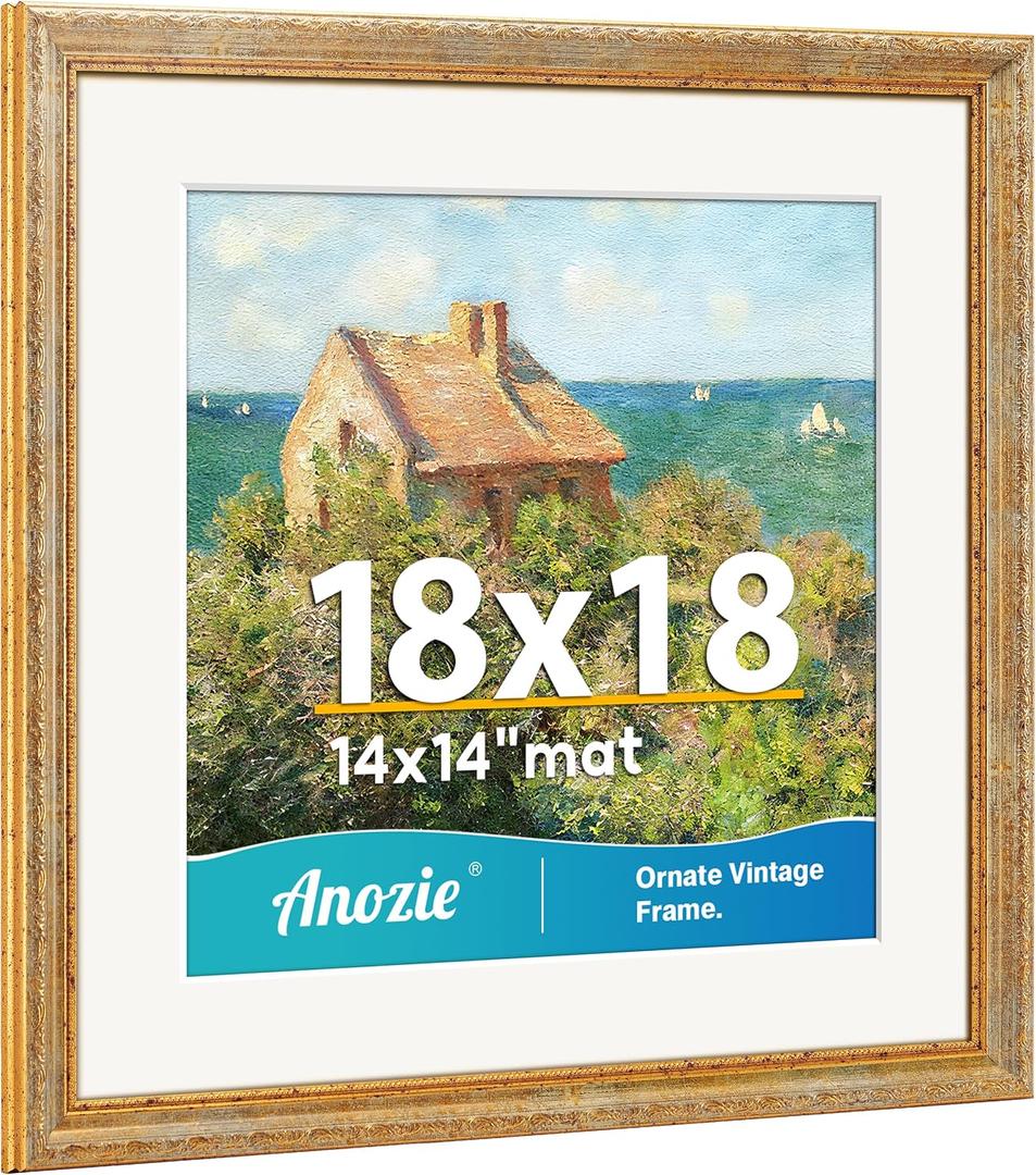 Vintage 18x18 Frame, Antique Gold Photo Frames with Plexiglass Front,Ornate Square 18x18 Picture Frame Display 14x14 with Mat or 18 x 18 Frame Without, Wall Décor,1 Pack,Silver