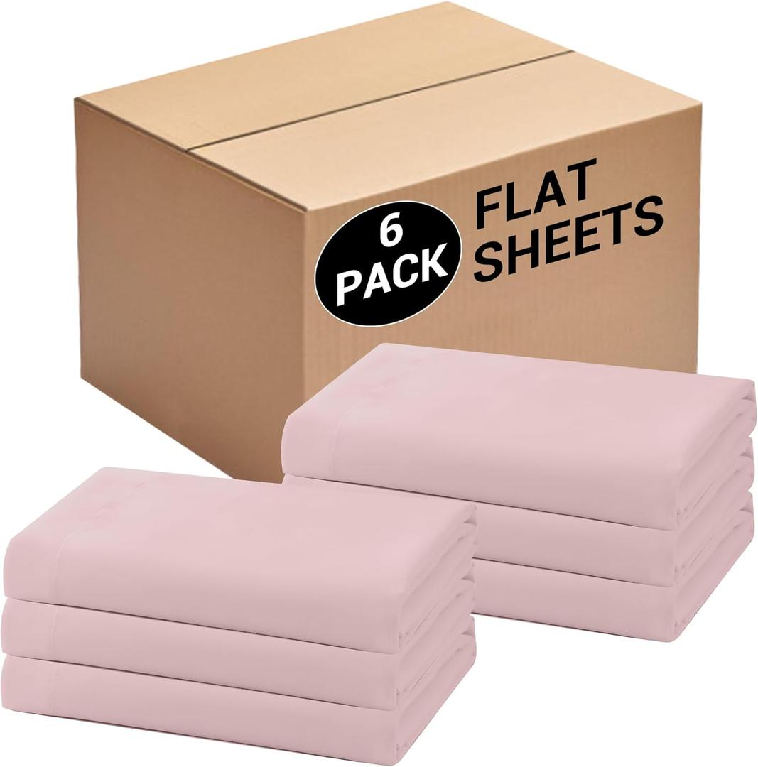Bulk King Flat Sheets Only, 6 Pack Quick Sort Top Bed Sheet, Color-Coded Label Threads, Wrinkle-Free Shrinkage Durable Microfiber Hotel Motel Airb&bs Essentials for Hosts (105"x102",Pink)