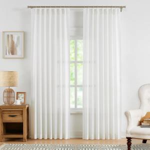 WEST LAKE 102 Inches Long White Semi Sheer Curtains for Living Room,Back Tab Bailey Pinch Pleated Drapes Privacy with Light Filtering,Farmhouse Linen Look Window Treatment for Bedroom,40" Wx102 Lx2