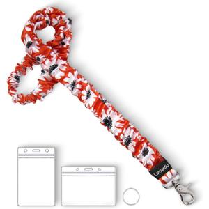2 x Lanyardio Stretchy Scrunchie Lanyard for ID Badges Keys, Cute Teacher Lanyard for Women with 2 Card Holders 19.11 Inch (Red Flower)