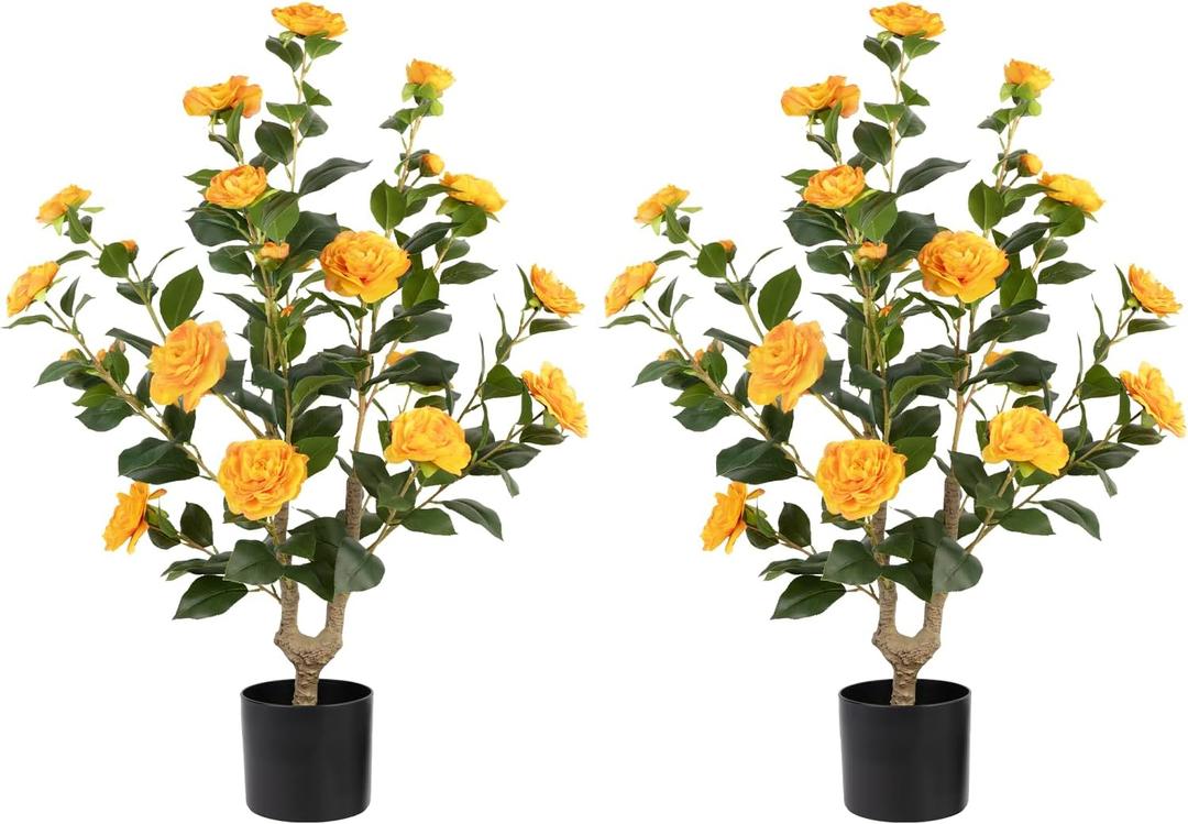 Artificial Camellia Tree 2 Pack - Realistic Camellia Plants in Pot with Orange Flowers, Lifelike Faux Greenery for Living Room, Patio, or Wedding, Orange
