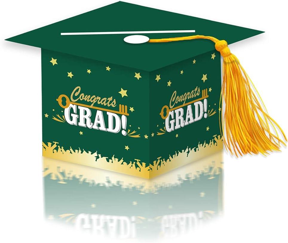 2 x 2026 Graduation Party Card Box, Green Gold Congrats Cap Card Holder Box with Tassel for 2026 Graduation Party Decoration