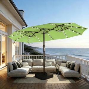 15FT Patio Umbrella with Solar Lights, Double-Sided Extra Large Outdoor Table Umbrella with Base Included, Heavy-Duty 12 Iron Ribs Market Umbrella for Garden, Pool, Backyard, Apple Green