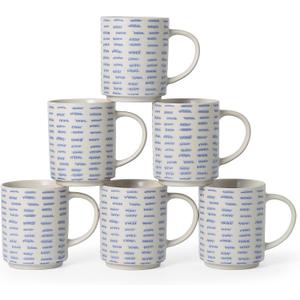 Coffee Mugs Set of 6, 17oz Ceramic Mugs with Handpainted Blue Gray Stripe Pattern, Modern Stackable Coffee Cups, Dishwasher and Microwave Safe Mugs for Home & Office