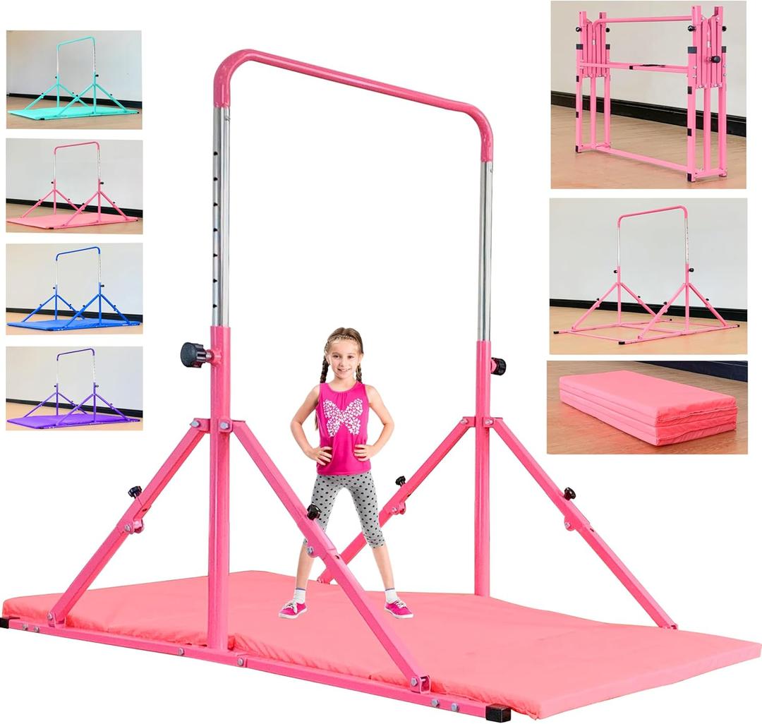 MARFULA Foldable Gymnastic Bar for Kids Ages 3-12, 9 Height Levels, 200 lbs Weight Capacity, 5 Ft Length Gymnastic Kip Bar with Mat, Gymnastic Equipment for Home and Gym Center Indoor Outdoor Use
