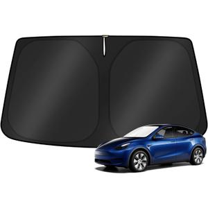 KUST Windshield Sun Shade for 2017-2026 Tesla Model Y/Model 3 Sunshade Accessories (Fit 2025-2026 Model Y Juniper / 2024 Model 3 Highland) Upgraded Foldable Sunshade, Blocks UV Rays Keep Car Cool