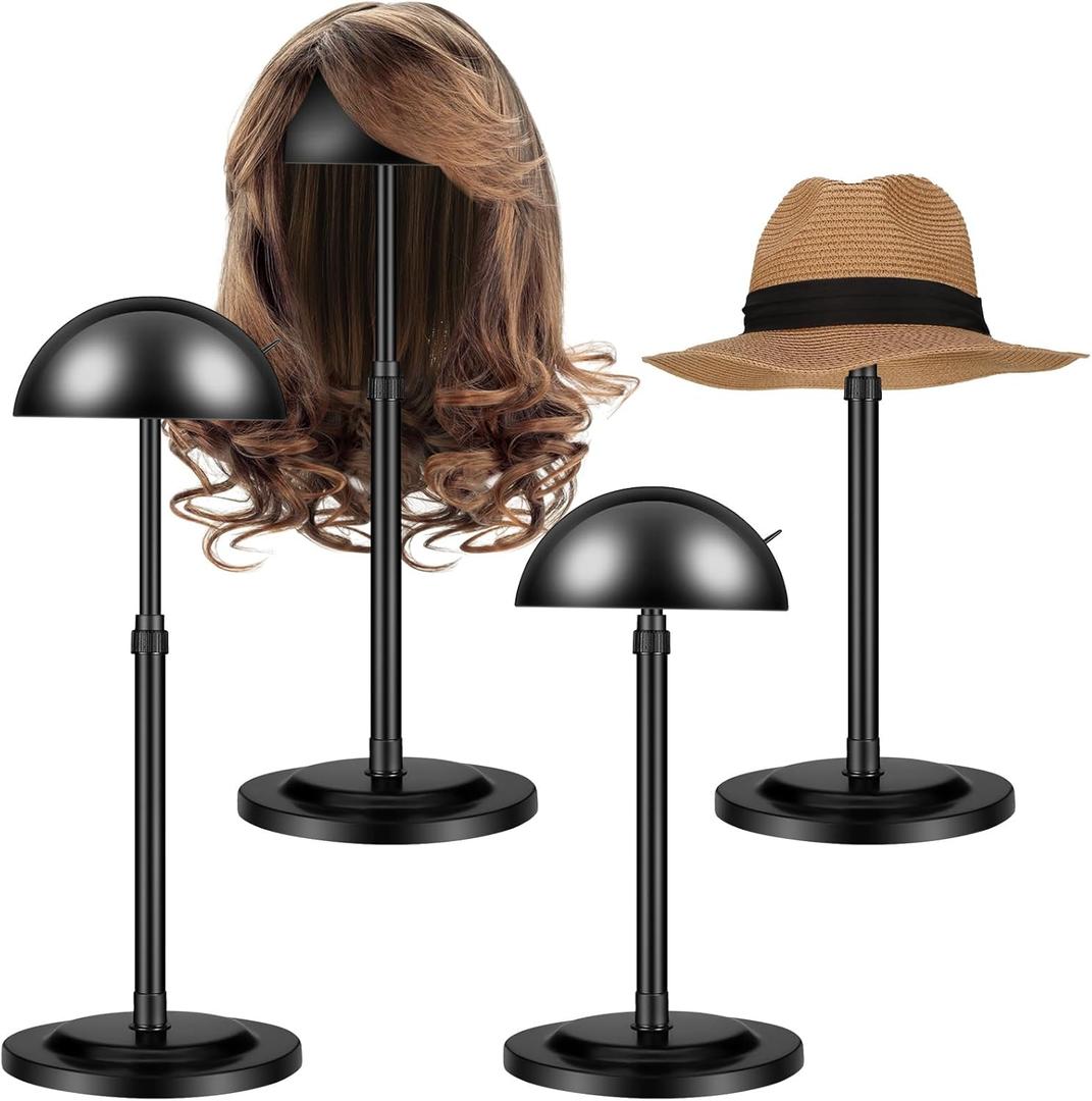 Tatuo 4 Pcs Wig Holders, 9.8"-18.9" Adjustable Height Wig Head Stand Portable Hat Display Holder Storage for Multiple Travel Wigs Styling Practice women DIY Head Stand Non Slip Stable (Black)