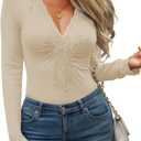 CiCiBird Womens Sexy Lace V Neck Long Sleeve Top Slim Fit Going Out Shirt 2025 Spring Fall Fashion Tee (Beige, XL)