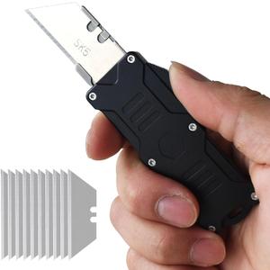 Folding Utility Knife For Men, Double Action Auto Retractable Knife, EDC Self Retracting Box Cutter With Belt Clip, Assisted Opening Automatic Knife Push Button With 10pcs Extra Blades (Black)