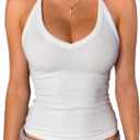 Danysu V Neck Racer Back Tank Top for Women Padded Ribbed Long Tank Fitted Basic Cami Tops (Small, Angel White)