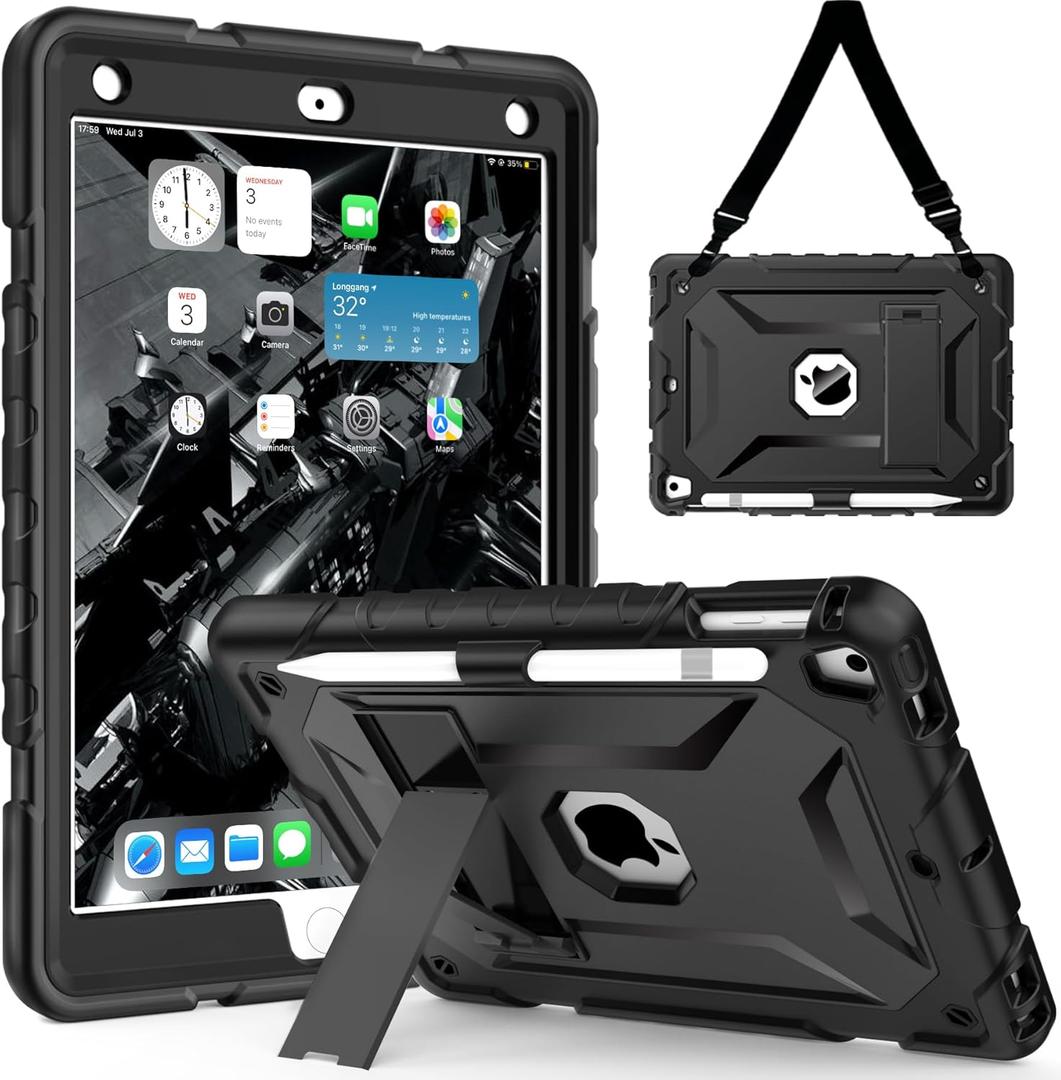 TIMISM Case for iPad 6th / 5th Generation (2018/2017), iPad Air 2 & 1st, iPad Pro 9.7 with Shoulder Strap, Pencil Holder, Heavy Duty Shockproof Protective Case, Black