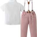 YALLET Toddler Baby Boy Clothes Suit Gentleman Wedding Outfits, Formal Dress Shirt+Bowtie+Suspender Pants(Pink, 2-3T)