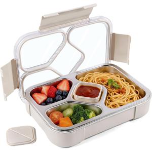 Stainless Steel Bento Box Adults, 4 Compartments Metal Lunch Box, 34oz Leakproof Meal Prep Snack Container, Dishwasher Safe, BPA-Free (Khaki)