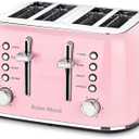 Roter Mond Toaster 4 Slice Retro Stainless Steel with Extra Wide Slots Bagel, Defrost, Reheat Function, Dual Independent Control Panel, Removable Crumb Tray, 6 Browning Levels, Pink