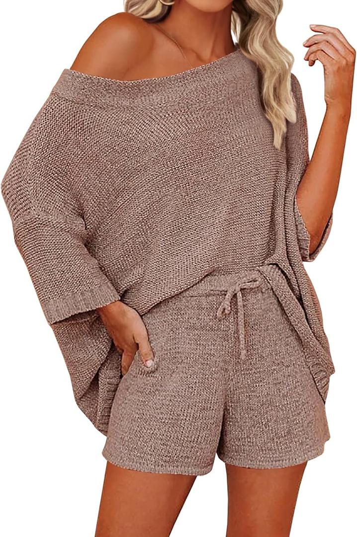 Mafulus Women's 2 Piece Outfits Sweater Sets Off Shoulder Knit Top Shorts Matching Suits Cute Pajama Lounge Set, (X-Large)