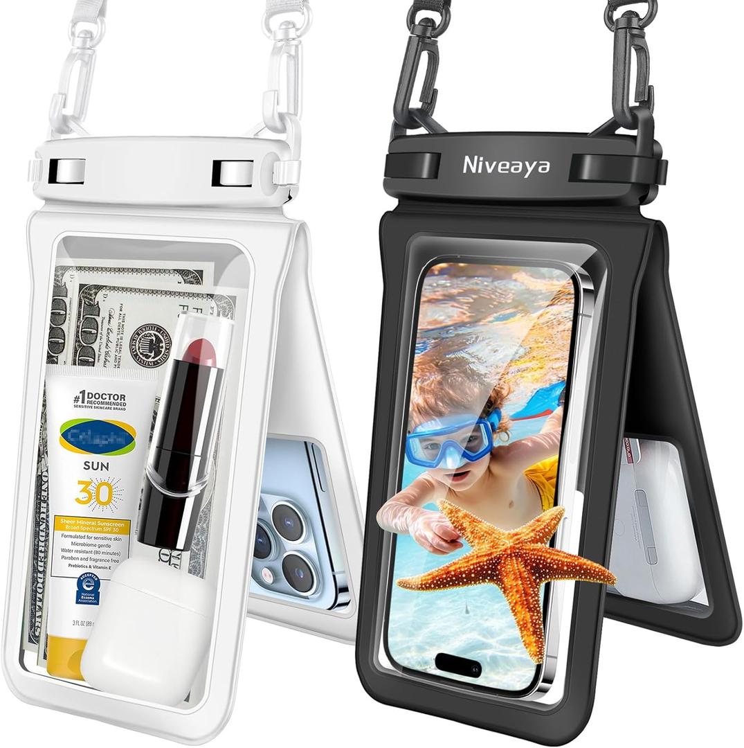 Niveaya Double Space Waterproof Phone Pouch - 2 Pack, Waterproof Phone Lanyard Case with iPhone 17/16/15/14/13 Pro Max up to 8.3", Phone Dry Bags for Vacation Beach Pool Kayak Cruise Travel Essentials (Black + White)