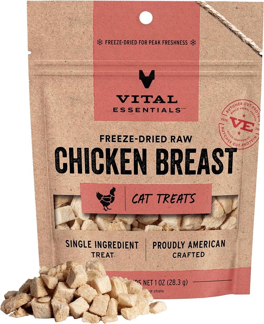 Vital Essentials Freeze Dried Cat Treats | Chicken Breast, Single Ingredient | Premium Quality | Grain Free, Healthy Treats for Cats, 1 oz Bag (EXP 05/13/26)